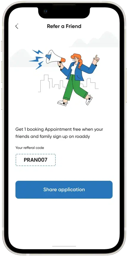 Refer a friend option on Roaddy app