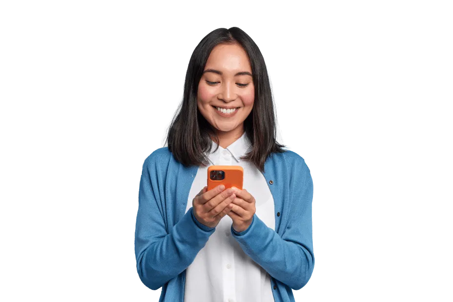  Woman using phone and smiling