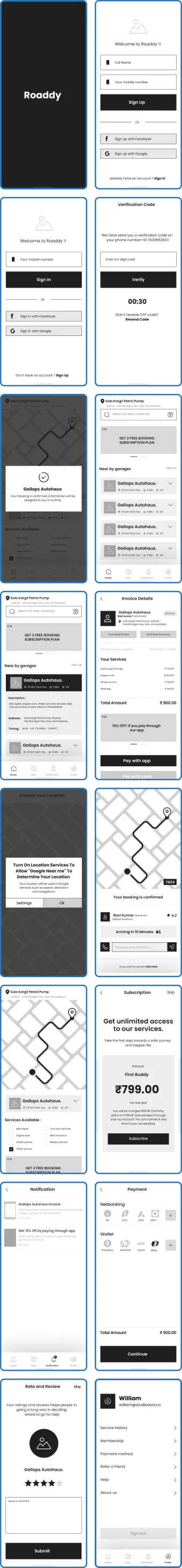 High-Fidelity Wireframe showing different app screens of roadside service app