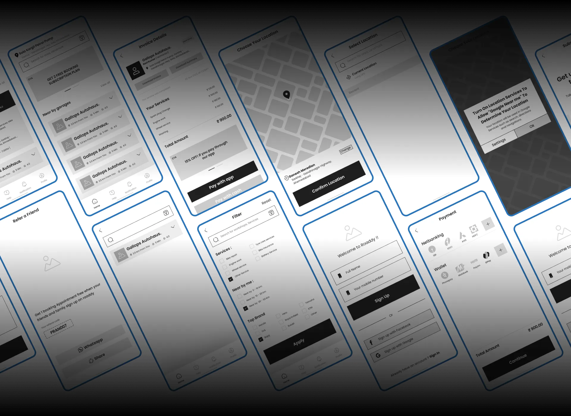 High-Fidelity Wireframe showing different app screens of roadside service app