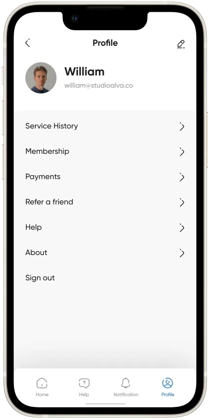 User profile menu on app